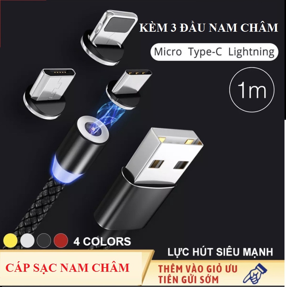 Dây Cáp Sạc Nam Châm Kèm 3 Đầu sạc Lighting Type C Micro Usb
