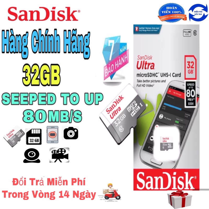 Thẻ Nhớ Micro SDHC SanDisk Ultra 32Gb 533X 80MB/s SD, Tốc Độ Đọc Nhanh, Hiệu Suất Vượt Trội. Bảo Hành 1 đổi 1 trong vòng 7 năm các lỗi về kĩ thuật.