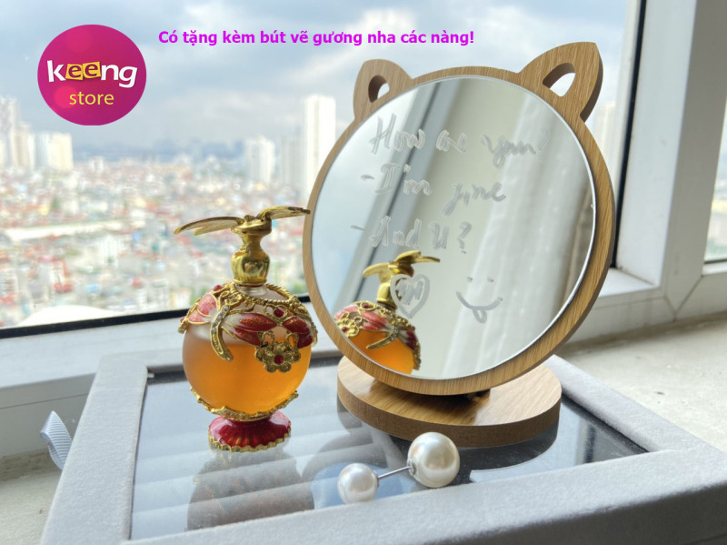 Gương tai mèo gỗ phong cách hàn quốc ( tặng kèm bút vẽ gương) giá rẻ