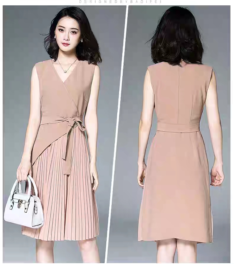 Đầm công sở vạt chéo phối chân ly (be)