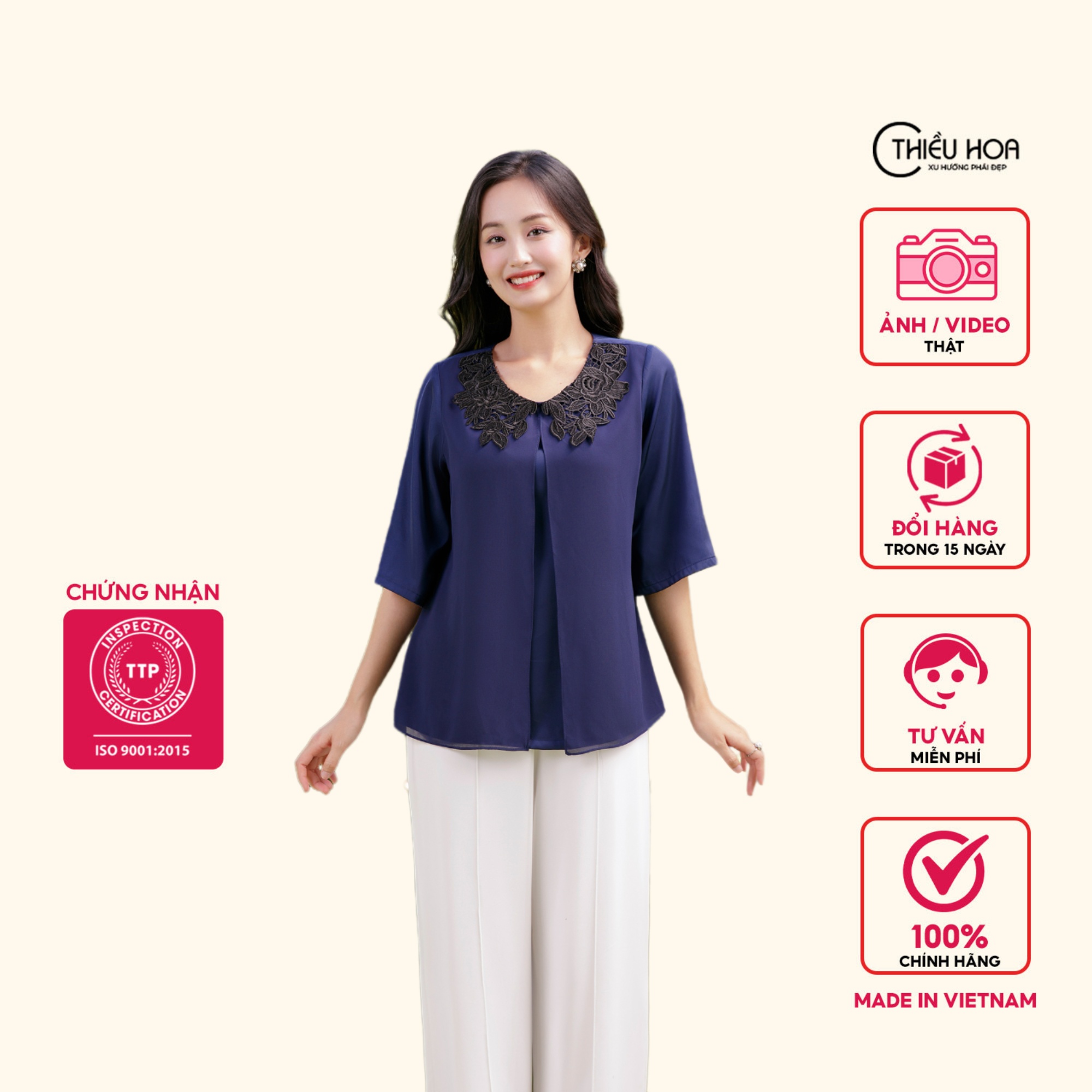 Áo kiểu nữ trung niên chất liệu lụa latin Hàn kết hợp với chiffon, thiết kế tinh tế, sang trọng, che khuyết điểm tốt thương hiệu Thiều Hoa L0529