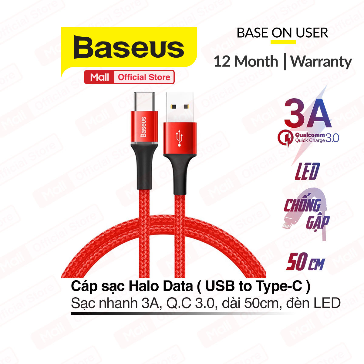 Cáp sạc nhanh Halo Data Type C cho Samsung S8/9 Note 8/9 Huawei Xiaomi (hỗ trợ sạc nhanh Quick Charge 3.0 LED Light indicator)