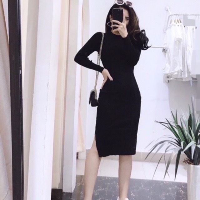 Váy body cổ tròn xẻ 2 bên chất len mềm