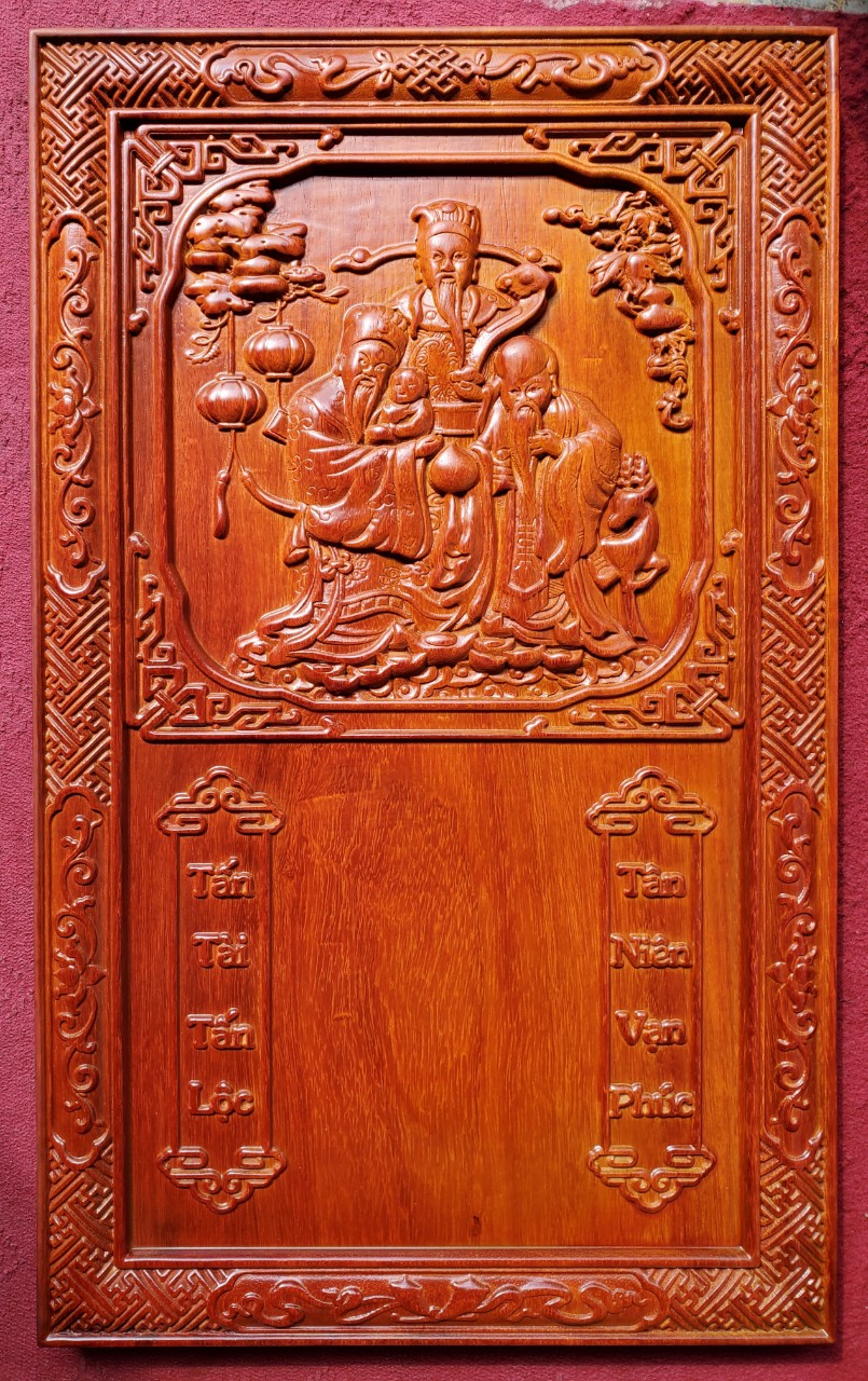 Tranh lốc lịch gỗ Hương đục nổi- Tam Đa ( Phúc Lộc Thọ)-TG139