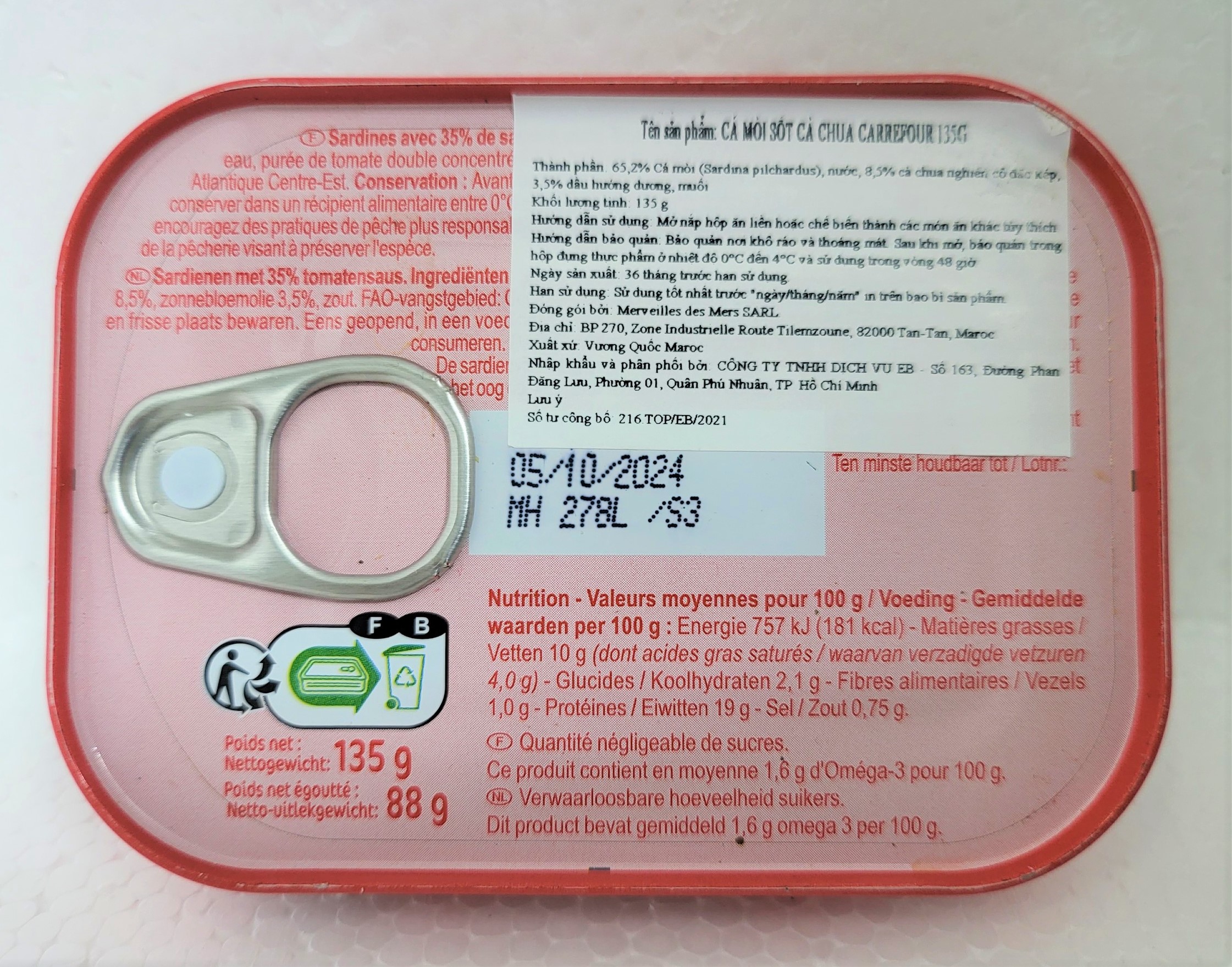 [Hộp 135g – ĐỎ] CÁ MÒI XỐT CÀ CHUA Classic [Morocco] CARREFOUR Sardines In Tomato Sauce (atp)