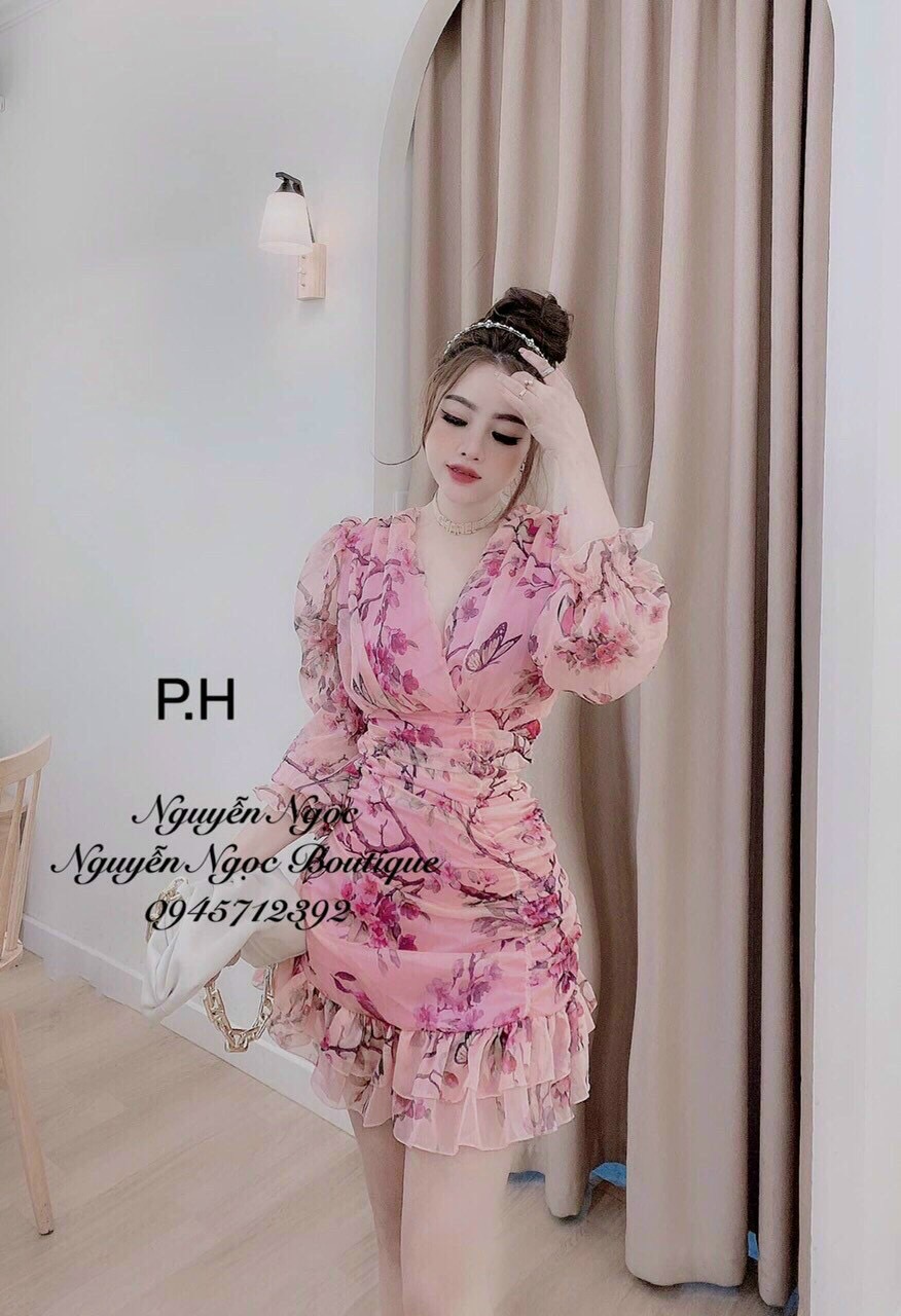 Đầm body voan hoạ tiết bông tay dài cổ đắp chéo xinh lung linh