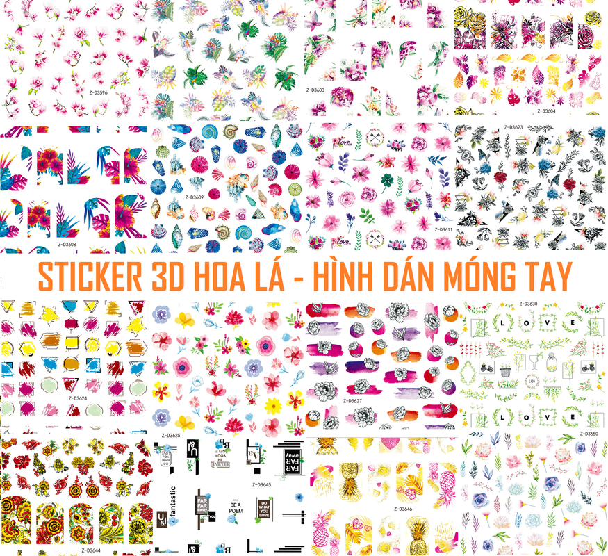 Sticker 3D | Hoa Lá Sen Đá Lông Vũ Vỏ Ốc | Hình Dán Móng Tay