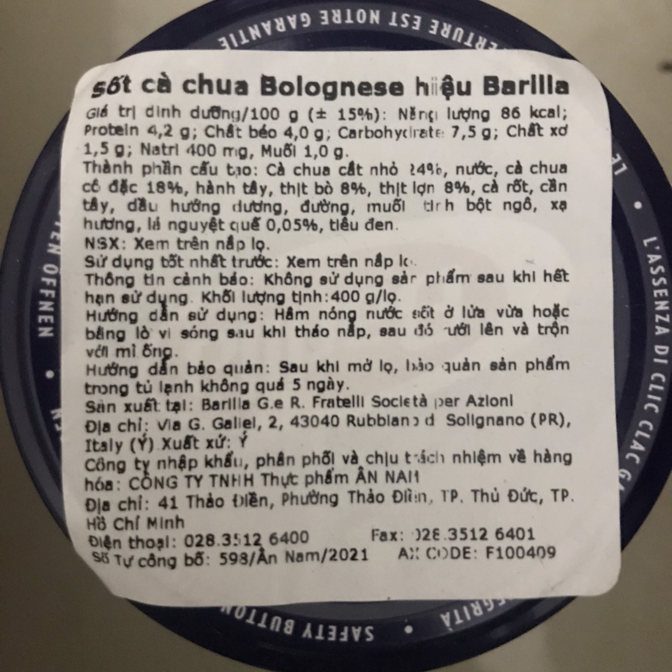 Sốt cà chua thịt Bolognese hiệu Barilla 400g