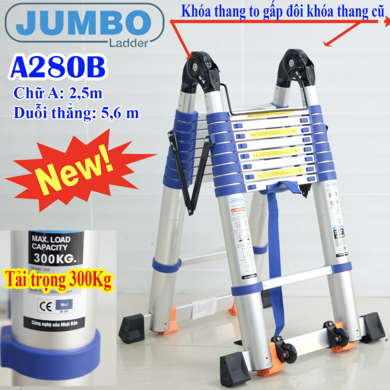 Thang nhôm rút đôi Jumbo A280B NEW 2021 - Chữ A 2,8m duỗi thẳng 5,6m Đai xanh - tải trọng 300kg