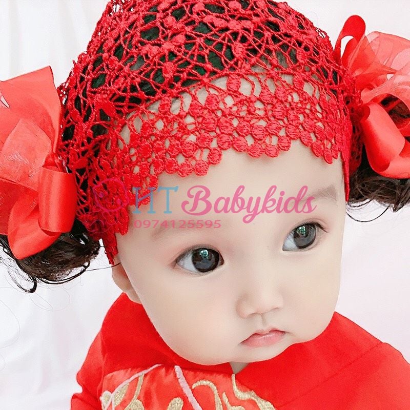 Băng Đô Tóc Giả Nơ Đỏ Cho Bé Diện Tết