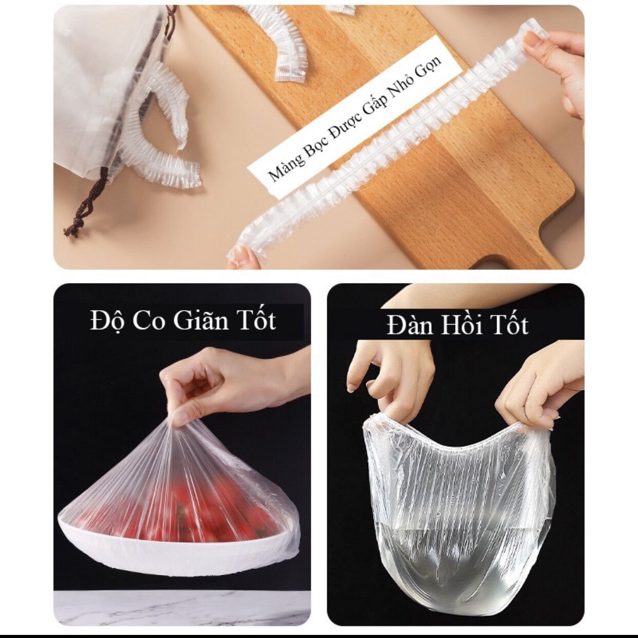 Combo 100 Chiếc Màng Bọc Thực Phẩm PE - Bọc Đồ Ăn Có Dây Chun Co Giãn