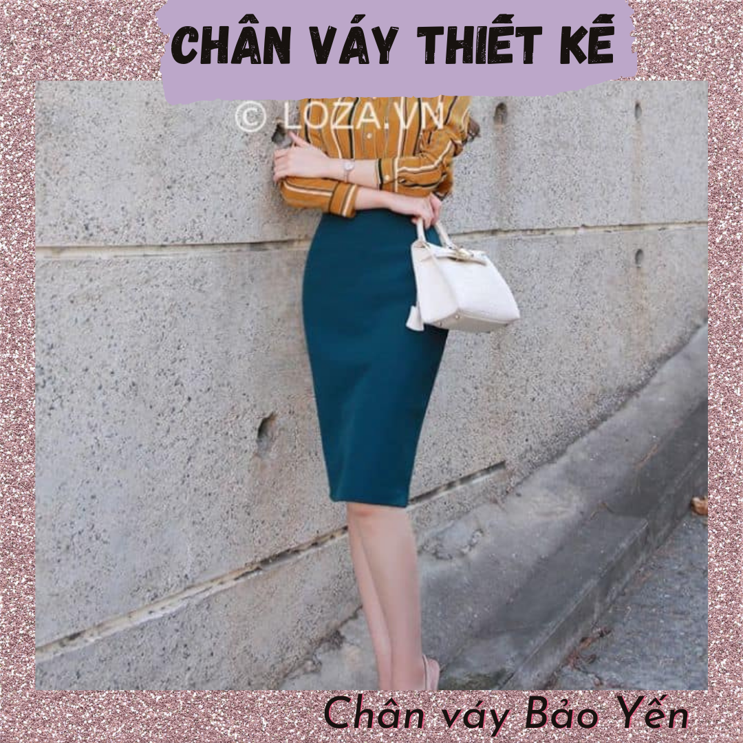 Chân váy bút chì màu xanh cổ vịt xẻ sau tới gối