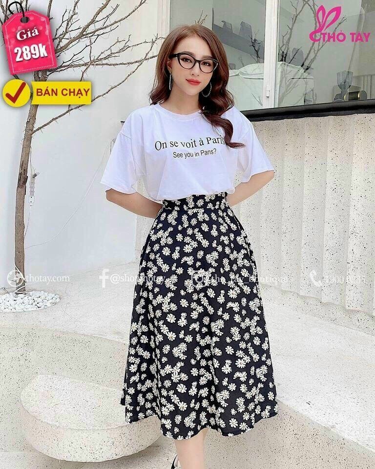 [HCM]SÉT ÁO + CHÂN VÁY CÚC HỌA MI QUÁ ĐẸP  MÀU Y HÌNH  ÁO CHẤT COTTON  VÁY CHẤT ĐŨI QCS