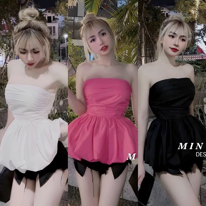 Áo Ống Cúp Ngực Dáng Xoè Bí Phồng Chất Áo ống peplum bí xoè Voan Lụa 3 màu cotton lụa xinh có mút ngực PC9348385, Áo ống cúp ngực bí xoè caro hồng GHA253 áo kiểu nữ cúp ngực 2 lớp xinh