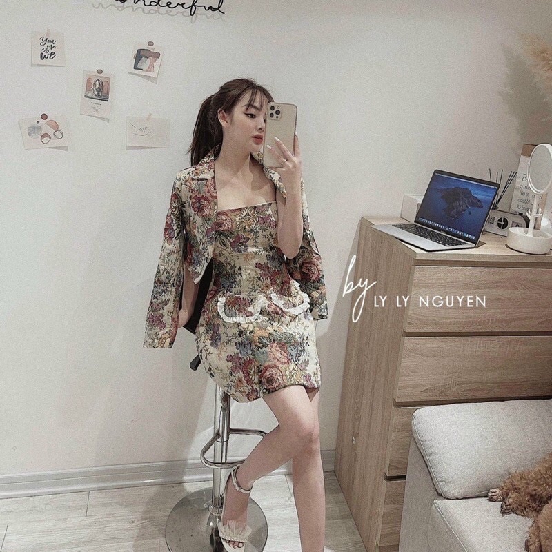 Set đầm 2 dây gấm hoa kèm áo khoác