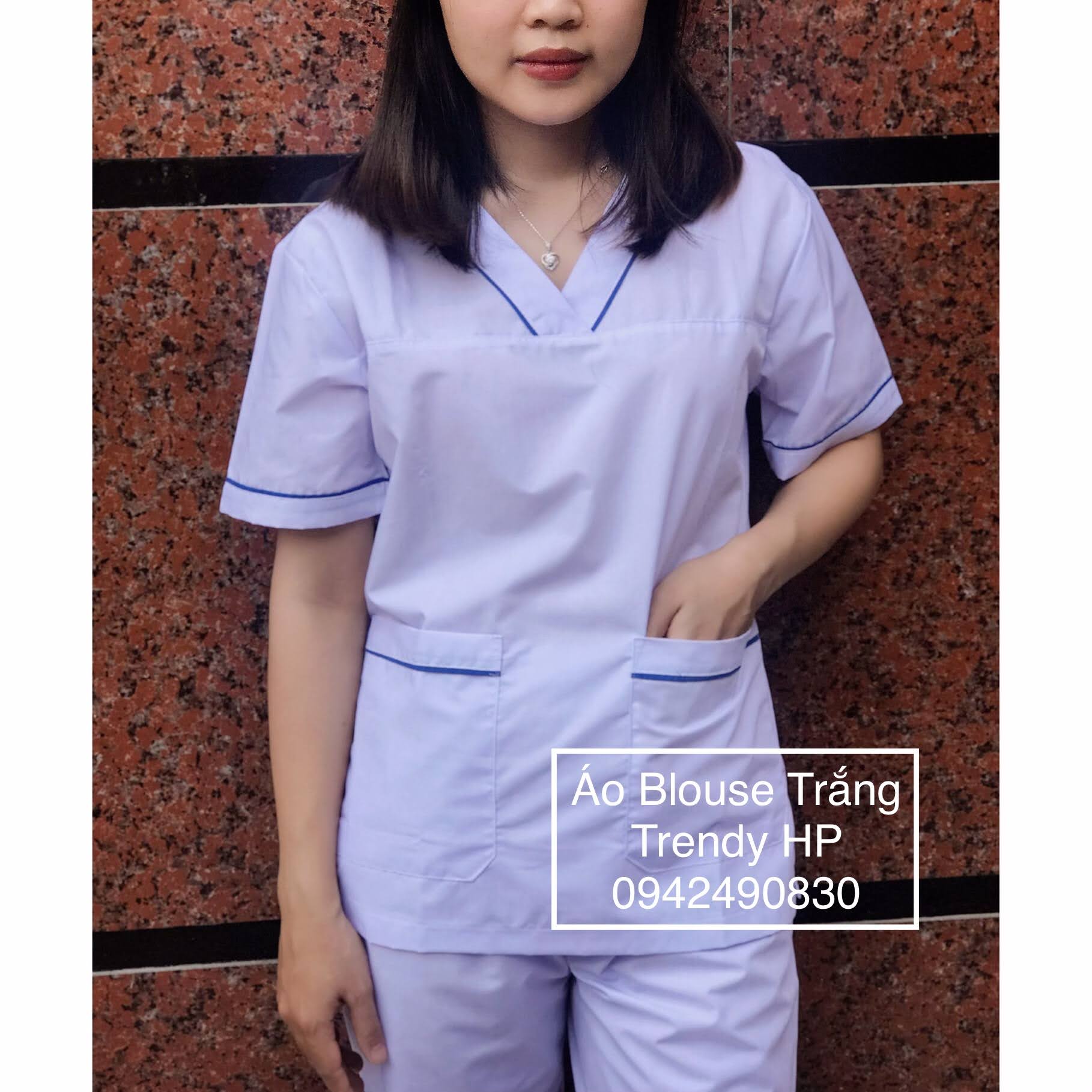 Bộ Quần Áo Blouse Trắng Cổ Tim Viền Xanh Nam Nữ Cộc Tay - Bộ Blu Trắng Bác  Sỹ, Y Tá, Điều Dưỡng, Dược Sỹ | Lazada.Vn