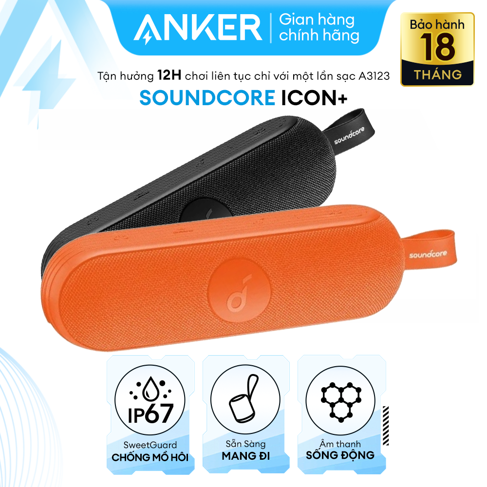 [Voucher 100k]Anker Soundcore Icon+ Portable Bluetooth Speaker, IP67 Waterproof Speaker, 20-Watt Audio Output, 12-Hour Playtime, for Beach Party, Vacation, Camping, Hiking, Cycling, and Swimming