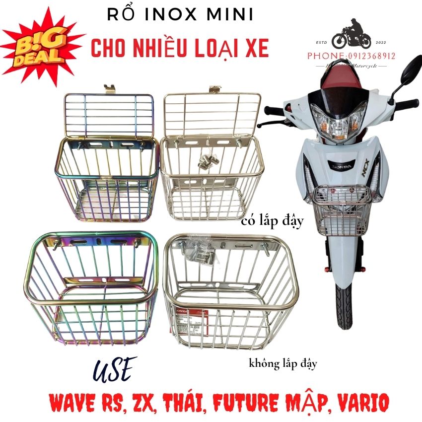rổ inox mini cho xe wave RS, Thái, Vario
