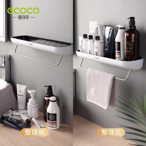Kệ treo tường Ecoco để đồ dùng nhà tắm, gia vị nhà bếp hiện đại kèm thanh phơi khắn thiết kế dính tường chịu lực tốt, mẫu mới 2020 có khe thoát nước thông minh GIẢM GIÁ SỐC
