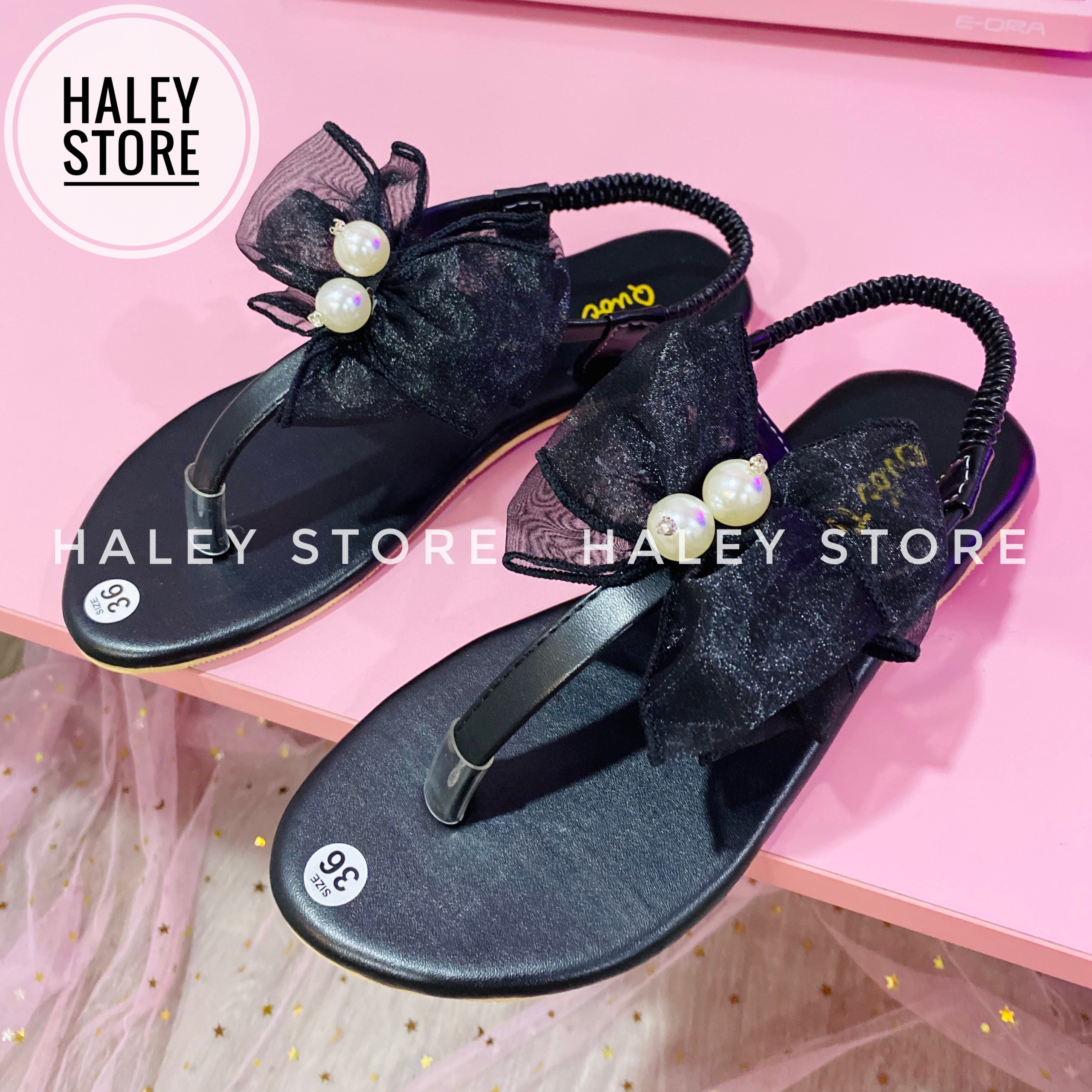 [HCM]Giày sandal bệt nữ đính nơ ngọc dây quai mảnh chữ T quai hậu co giãn đi chơi đi học đi làm đi biển HALEY STORE