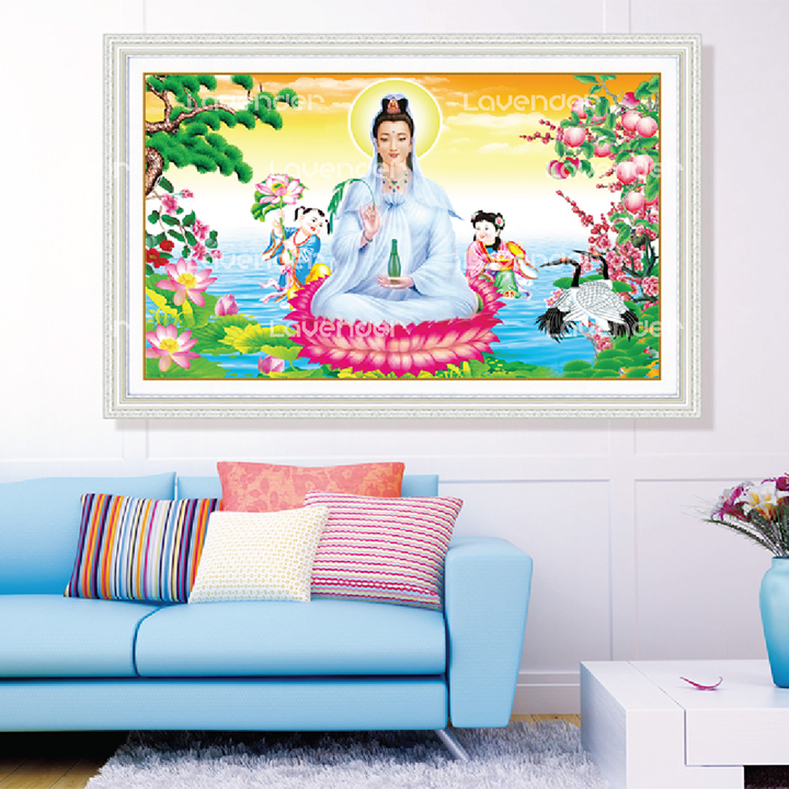 Tranh thêu chữ thập Quan Âm đồng tử cây đào LV3286 - kích thước 59 * 40