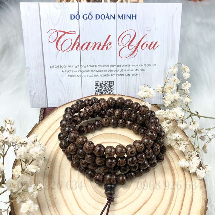 Tràng đeo tay 108 hạt gỗ mun vân lông công - Chuỗi đeo tay gỗ 108 hạt 6 ly - Vòng phong thủy quấn tay mang lại bình an và may mắn