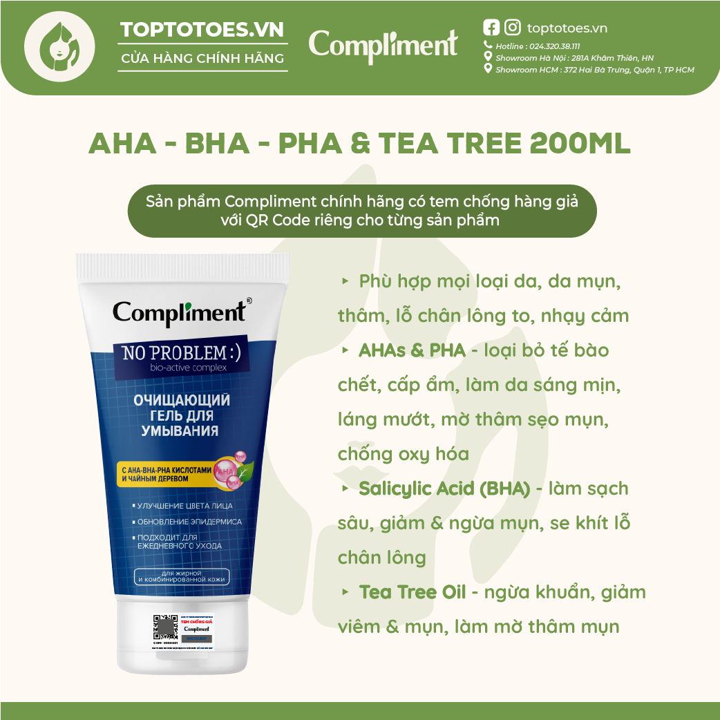 Gel rửa mặt BHA Compliment No Problem giảm viêm mụn 200ml