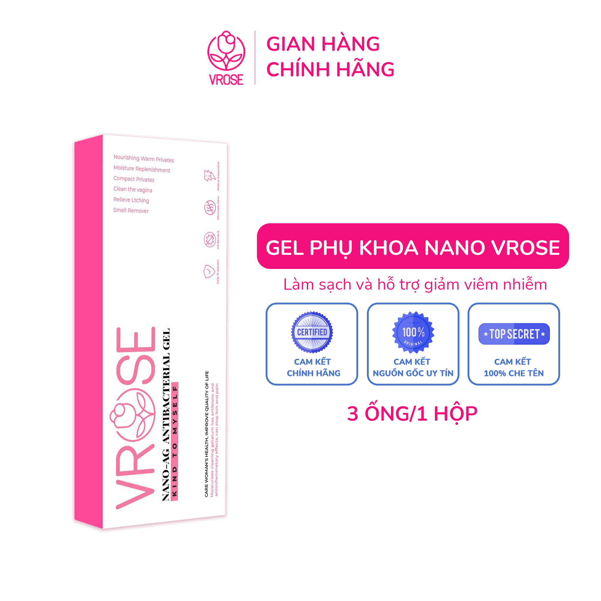 HCMGel phụ khoa nano Vrose làm sạch và tránh viêm nhiễm vùng kín 1 hộp 3