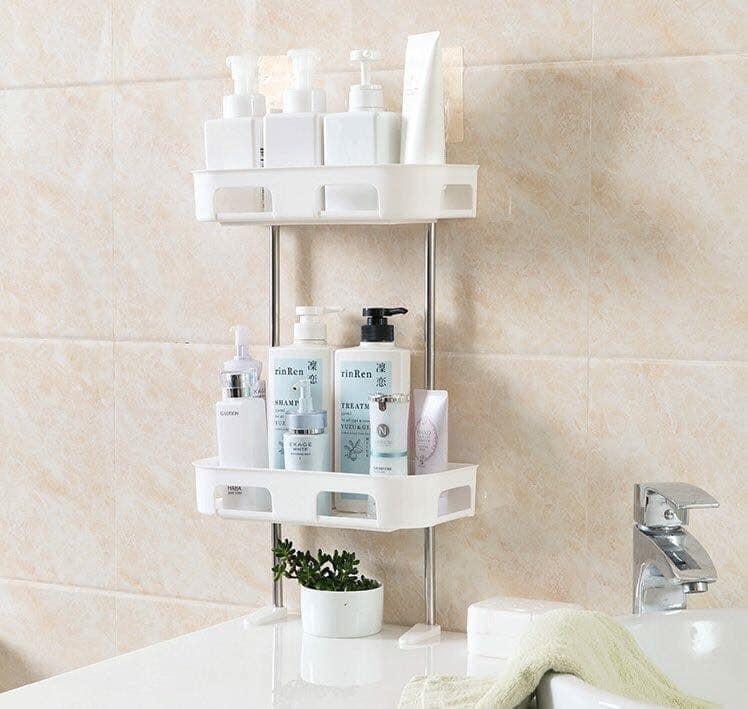 Giá kệ để dầu gôi, dầu xả, sữa rửa mặt,... trong phòng tắm bằng nhựa khung inox 2 tầng hút chân không, Gia ke de dau goi, dau xa, sua rua mat,...