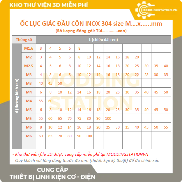 Ốc Lục giác đầu CÔN inox 304 size M1.6x3mm, M1.6x4, M1.6x5mm, M1.6x6, M1.6x8mm