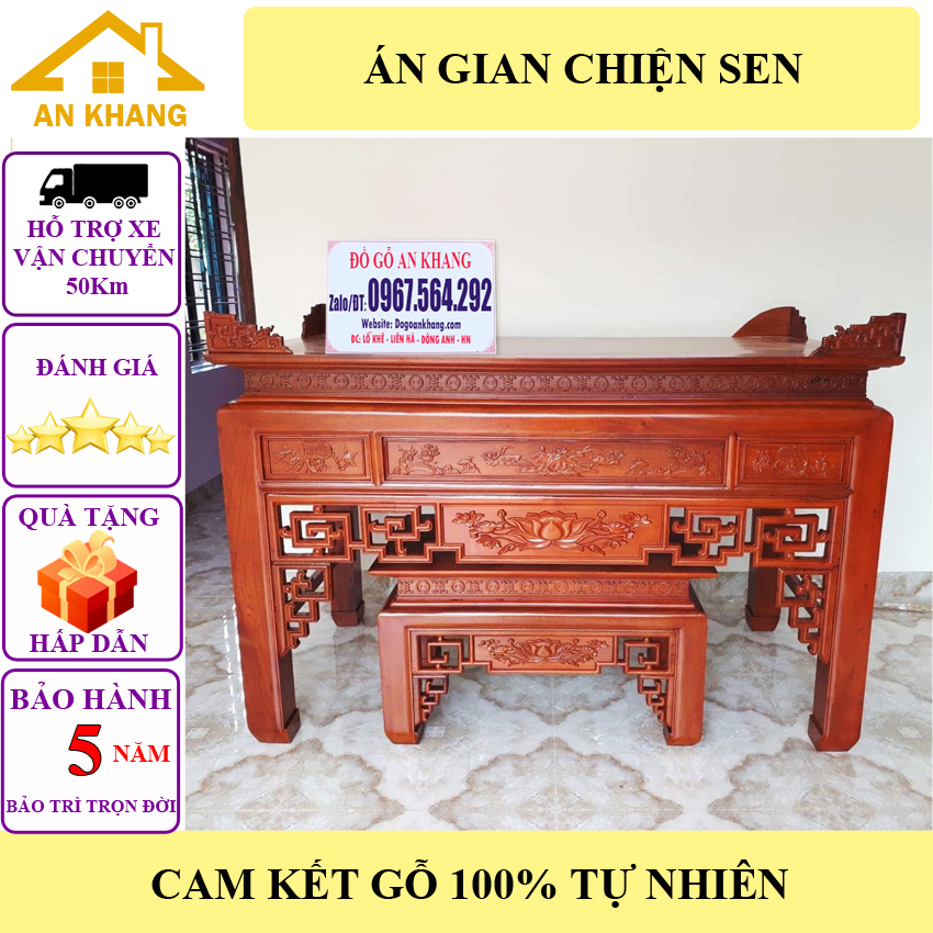 Án gian chiện sen gỗ mít - bàn thờ gia tiên hàng vip không rác, sơn pu chống chầy xước ,tặng tam đa. bảo hành 5 năm