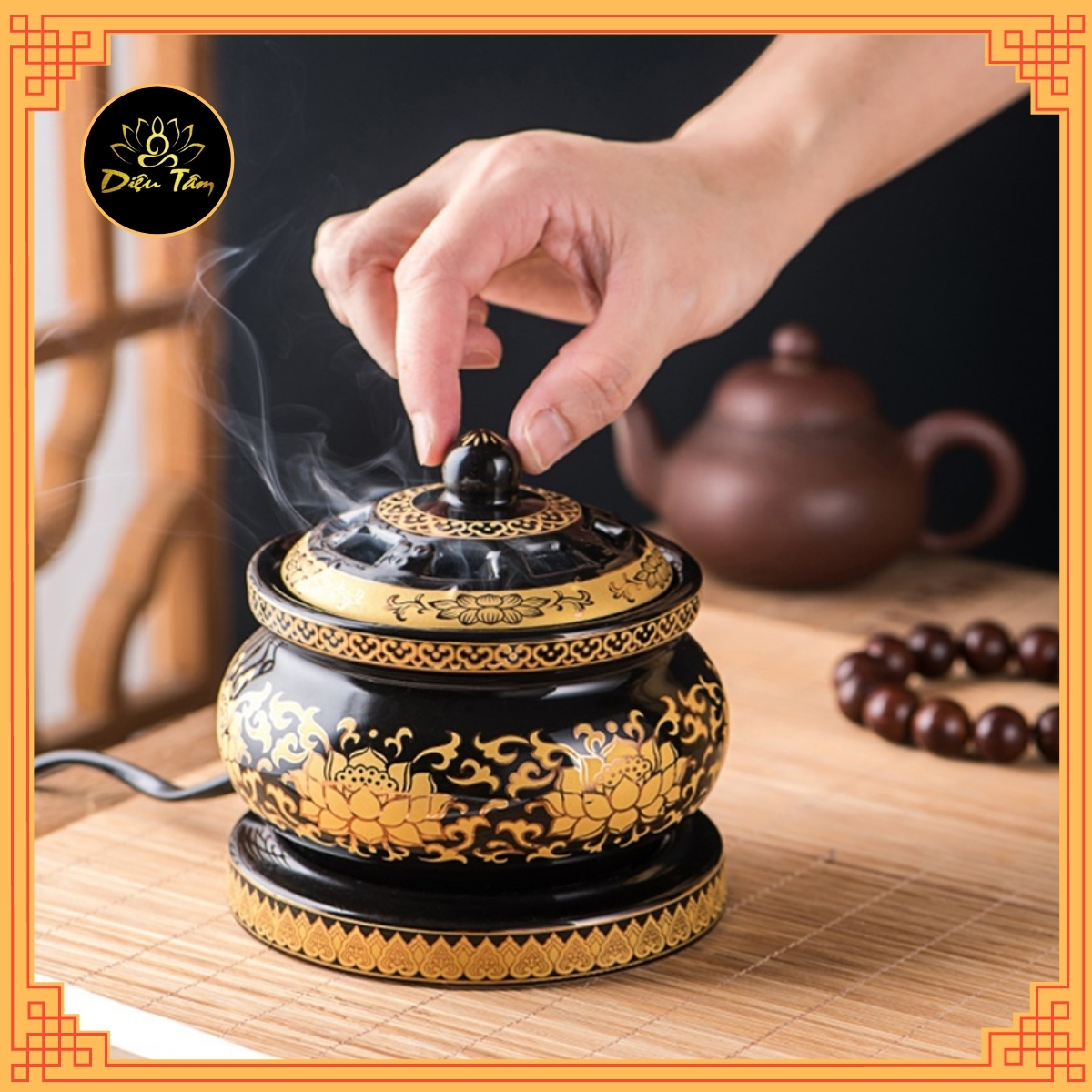 lò đốt trầm hương, lư điện xông trầm size to có hẹn giờ lư xông trầm nụ lư sen vàng