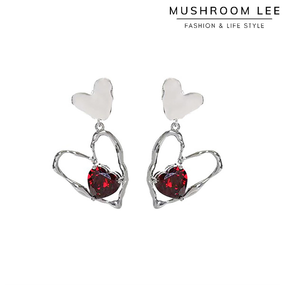 MUSHROOM LEE - Bông Tai Viền Trái Tim Ruby Đỏ