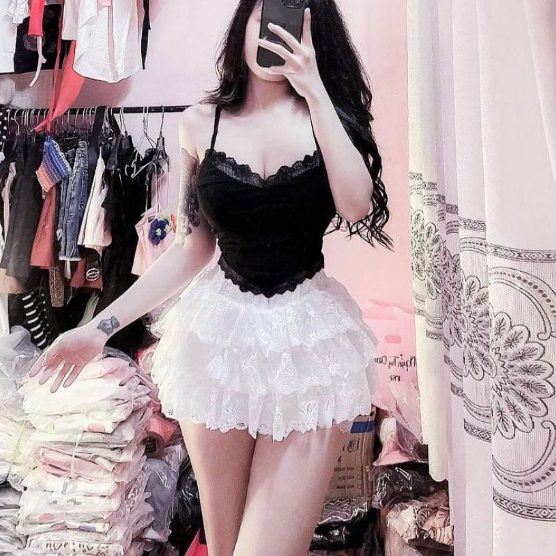 Chân váy 3 tầng xếp ly phối ren bánh bèo 2 màu đen trắng, Chân váy công chúa điệu đà nữ tính thời trang, Chân công chúa phối ren thời trang phong cách hàn quốc - LAZASHION