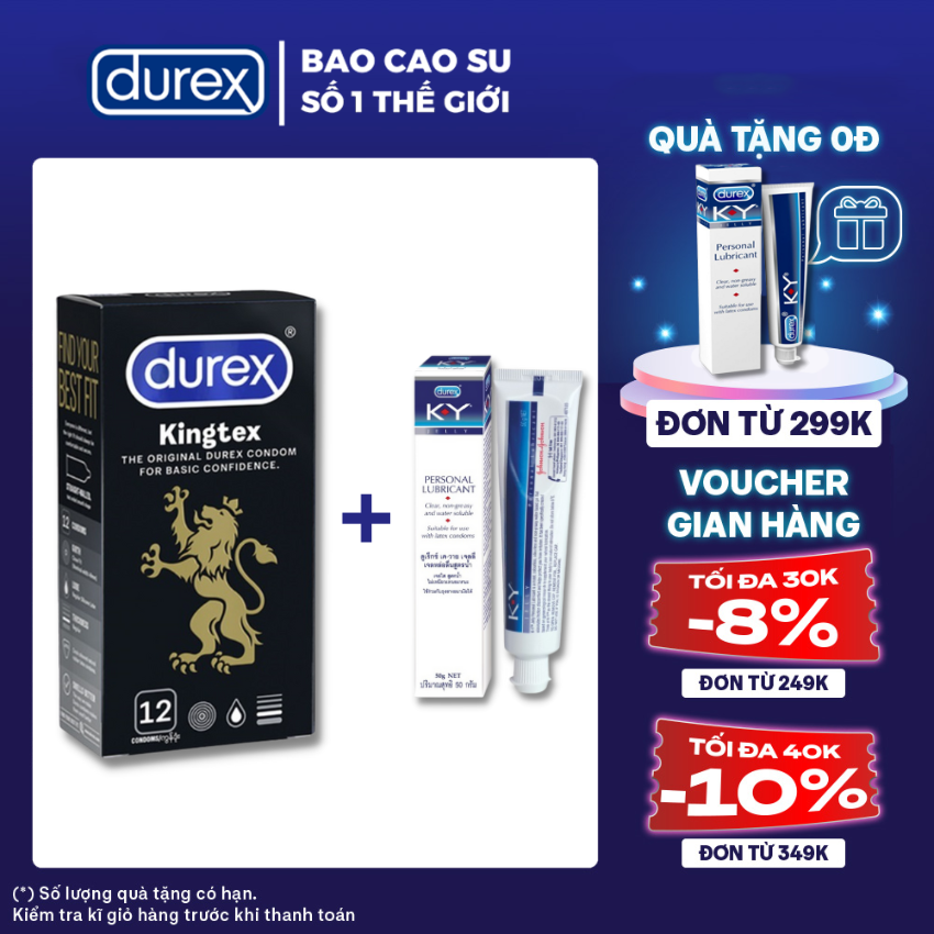 Bao cao su nam nữ Durex Kingtex size cỡ nhỏ 12C - tặng Gel bôi trơn Durex KY 50G [Che tên SP 100%]