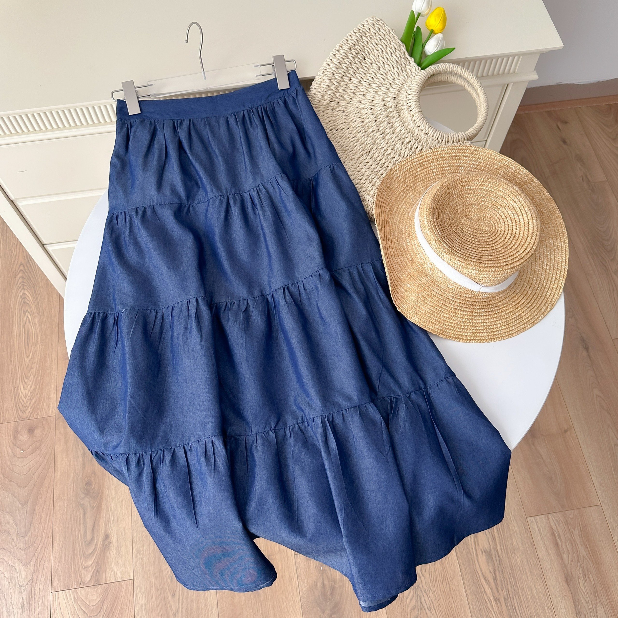 Vvn062320 high waist flare skirt with pockets and two Section 1-layer dynamic youth denim skirt vvn062320