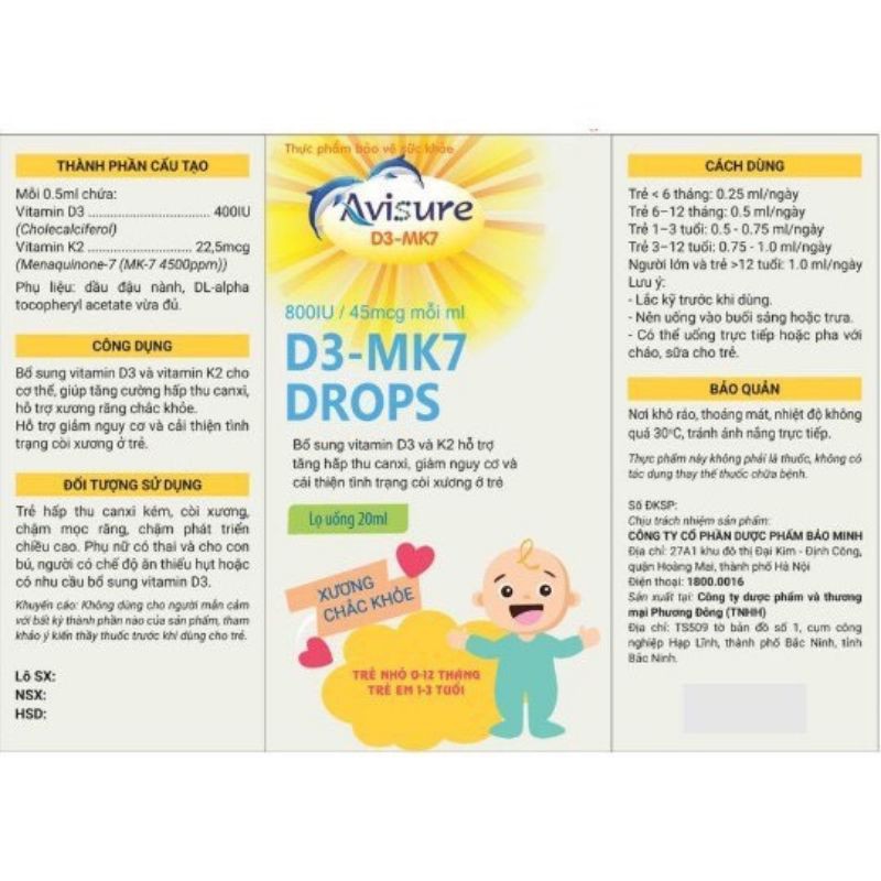 Vitam D3 Mk7 Drops Avisure 20ml chính hãng