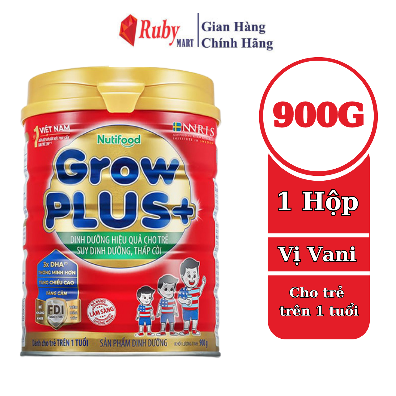 Sữa Bột Nutifood Grow Plus Đỏ cho trẻ suy dinh dưỡng thấp còi 900g/lon