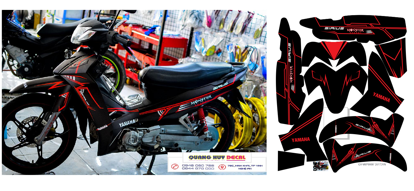 Tem trùm xe sirius đen đỏ monster độ đẹp - tem xe máy sirius thiết kế theo yêu cầu - chế độ tem xe máy sirius đen đỏ đẹp rẻ chất