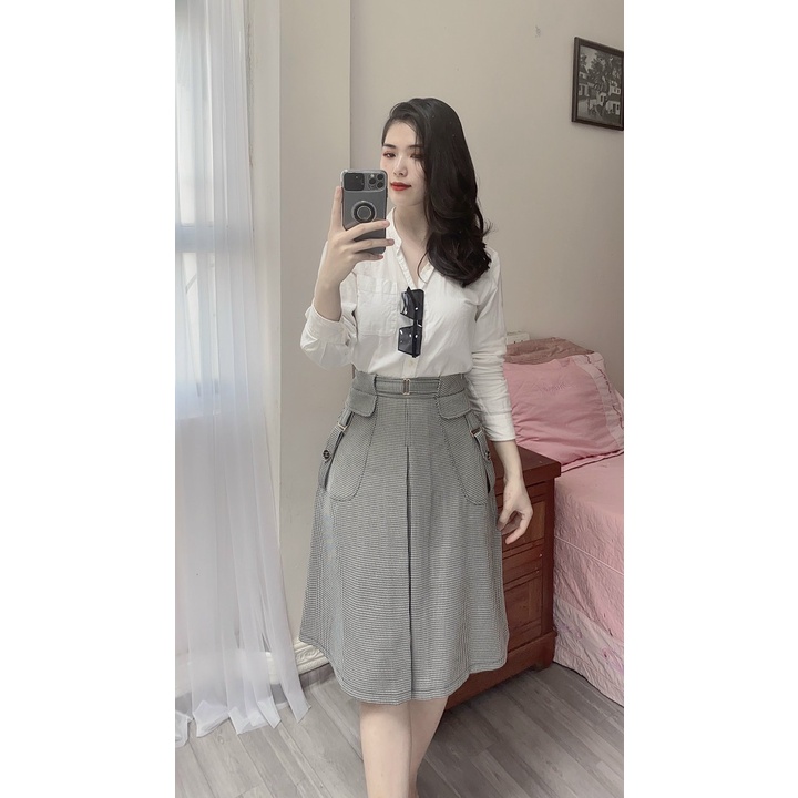 Chân váy công sở kẻ - dáng A xòe - 2 lớp