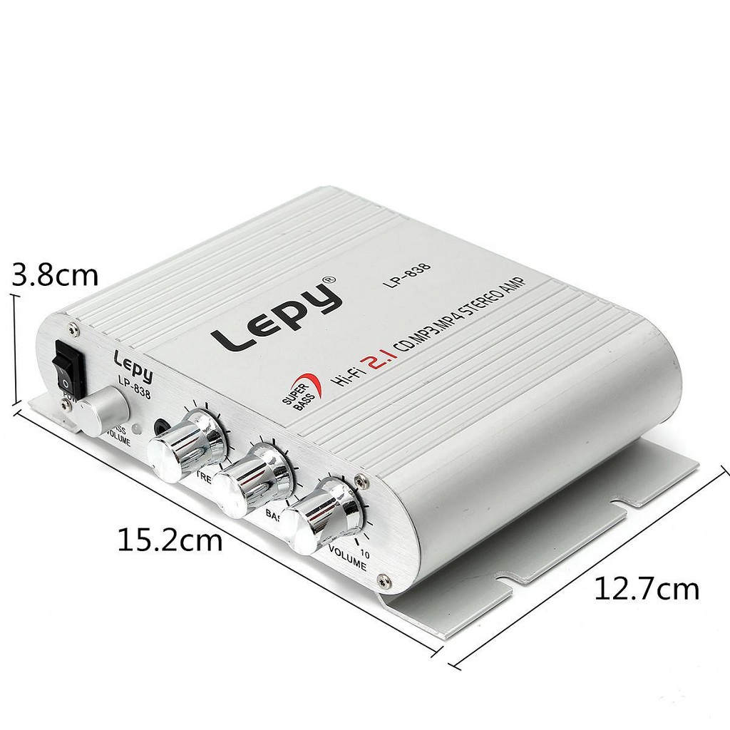 Ampli Mini Lepy Lp-838 Hi-Fi 2.1 bộ khuếch đại âm thanh nguồn 12V tương tích với nhiều loại loa độ xe máy xe tải