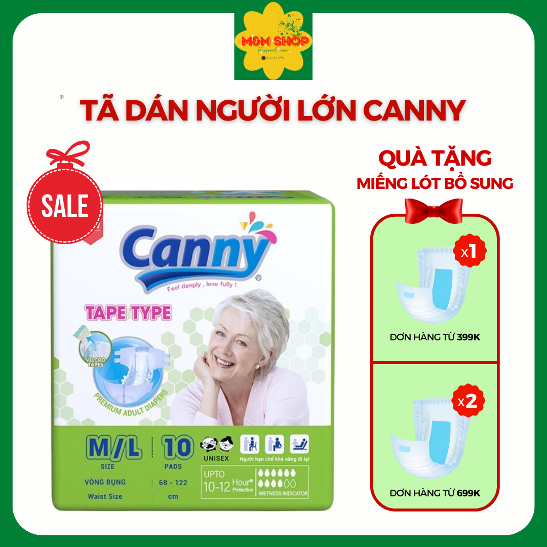 Tã dán người lớn Canny, Bỉm dán người già siêu thấm hút, chống tràn, dày dặn, mềm lại size M, M/L, XL 10 miếng/gói