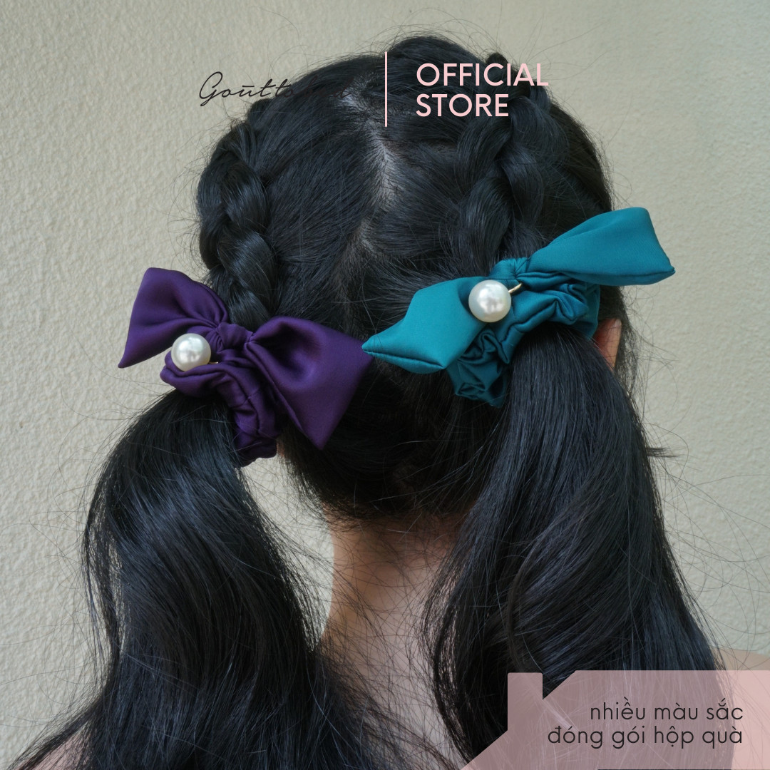 Scrunchies cột tóc nơ đính ngọc trai/đính đá Goûttobed Lụa Satin Silk (nhiều màu)