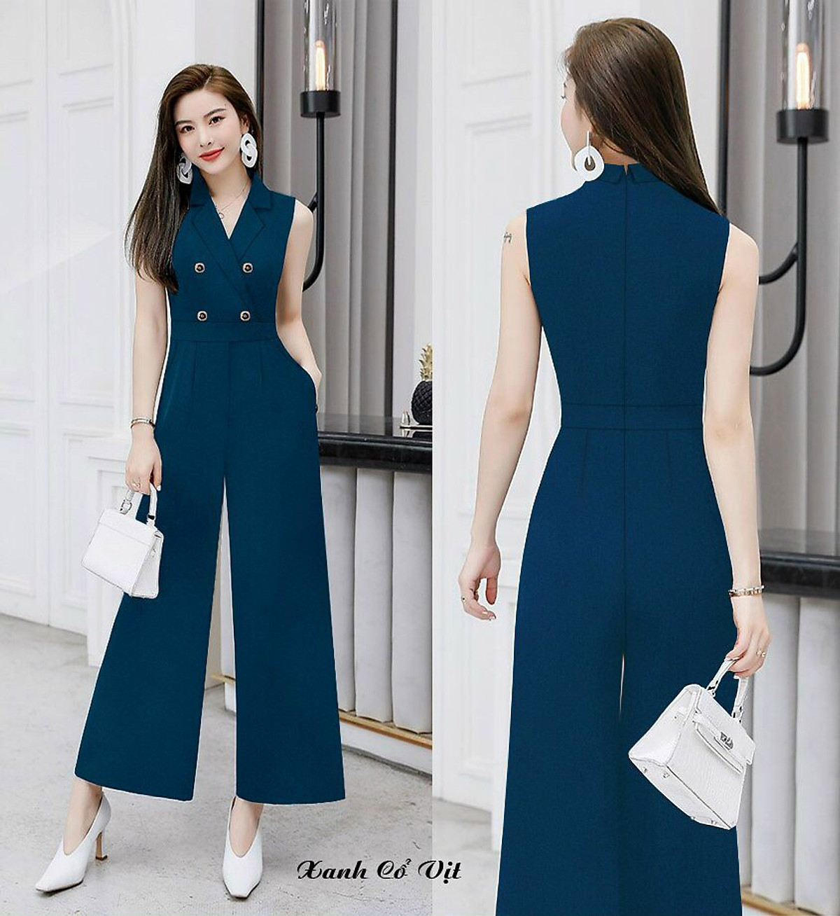 Jum dài ống suông cổ vest phối 4 nút