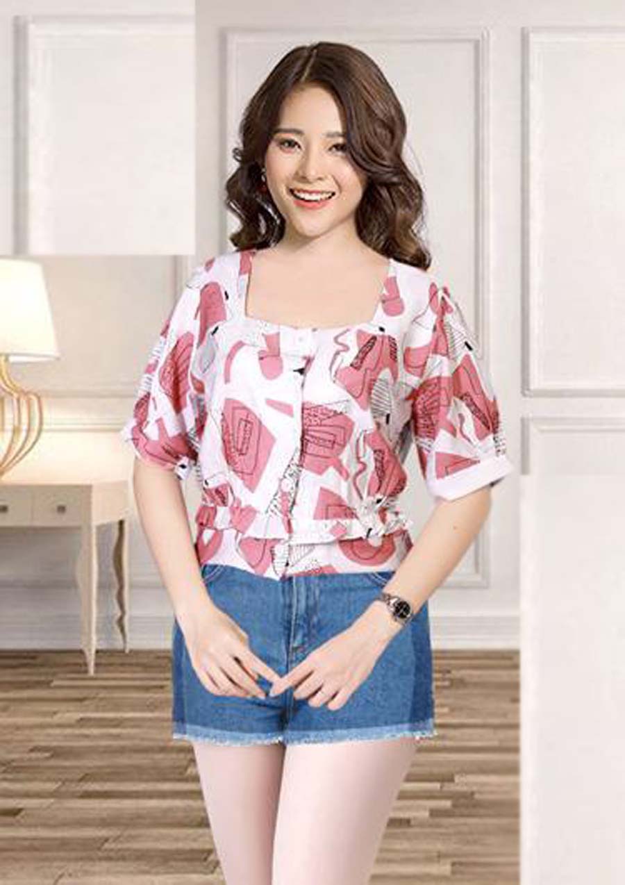 Áo Nữ Cao Cấp Tay Ngắn Vải Voan Cổ Vuông In Bông Hoa Eo Bo Thời Trang Xuân Hè, Thời Trang Công Sở Acc05