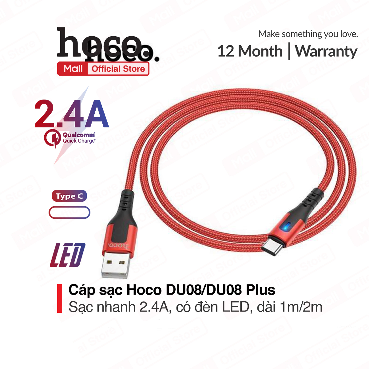 Cáp sạc Hoco DU08/DU08 Plus USB to Type-C, sạc nhanh 2.4A, dây bọc dù chống đứt, gẫy gập, có đèn LED dài 100cm/200cm, tương thích nhiều dòng máy Samsung/Xiaomi/Oppo...