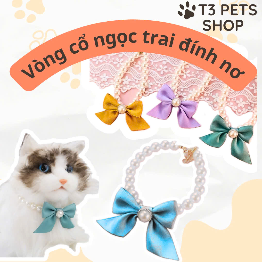 vòng cổ ngọc trai nơ tiểu thư dành cho chó mèo - T3 PETS SHOP