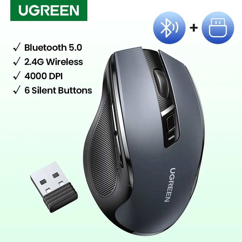 Ugreen 2.4g wireless mouse ergonomic mice 4000 dpi 6 mute buttons