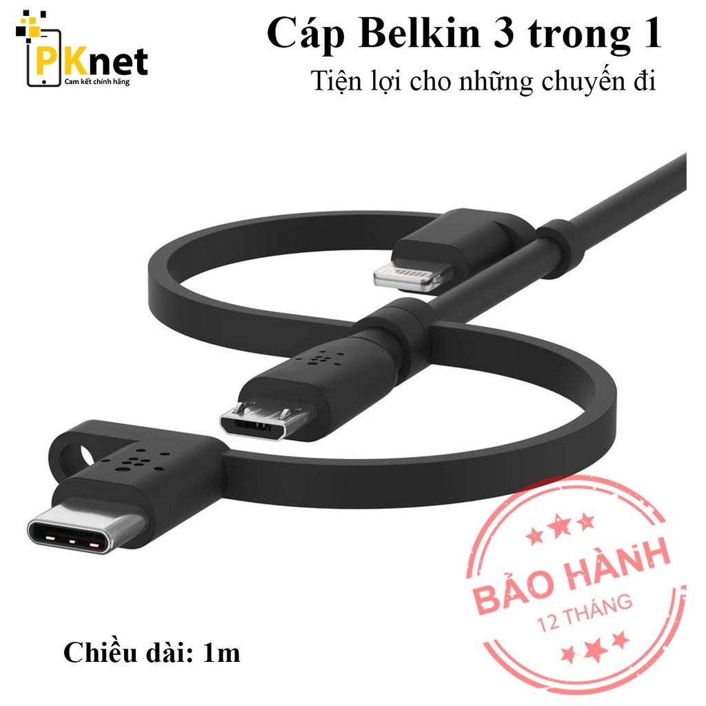 Dây sạc 3 trong 1 Belkin Chính hãng ( 3 cổng: Lightning, USB-C và Micro USB) [Nobox. bảo hành 12 tháng lỗi 1 đổi 1]