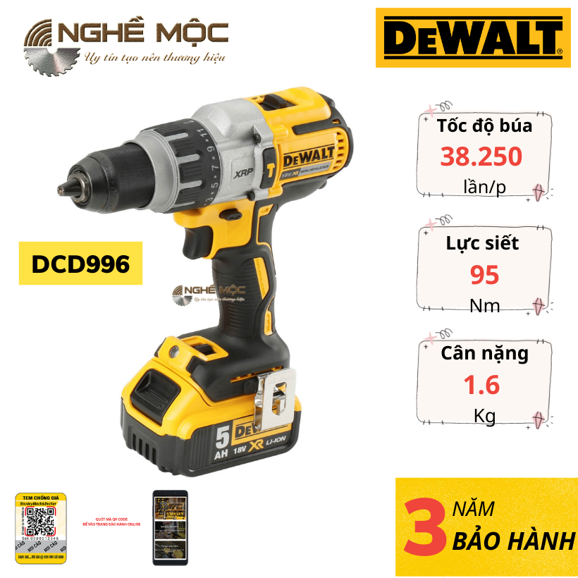Máy khoan pin DCD996 khoan tường, rút lõi chính hãng Dewalt- shop nghề mộc